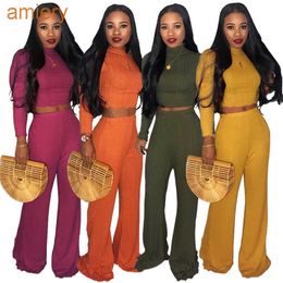 Fall Winter Women's Tracksuits Two Piece Pants Set Sexy Pit Strip Open Waist Wide Leg Pants High Neck Sweater