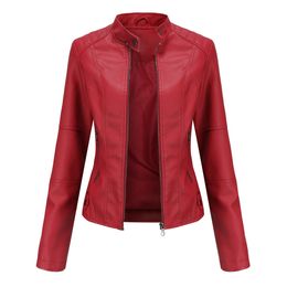 Leather Jacket Women Autumn Spring Women's Moto Biker Zipper Jacket Red Black Apricot Coffee Coat Ladies Outerwear Brown