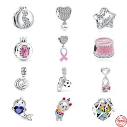 925 Silver Charm Beads Dangle Mother's Day Mom Ribbon Pink Nan Cute Narwhal Bead Fit Pandora Charms Bracelet DIY Jewellery Accessories