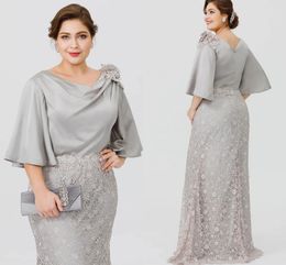 Silver Plus Size Mermaid Long Mother Of The Bride Dresses 2022 Scoop Satin Lace Half Sleeve Flowers Guest Party Gowns Robe De Soriee
