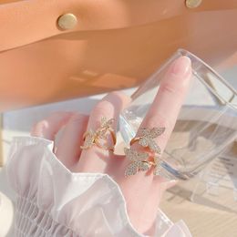 Cluster Rings Korea Design Fashion Jewellery Zircon Fairy Butterfly Ring 14K Real Gold Plating Women's Open Adjustable RingCluster Cluster