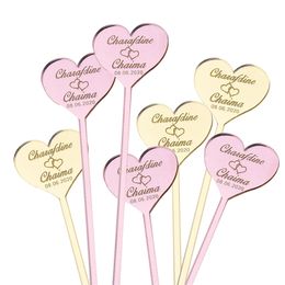 50Pcs Personalized Cocktail Stirrer Heart Custom Name Swizzle Stir Stick Wedding Bridal Shower Table Decoration Bachelorette Tag 220608