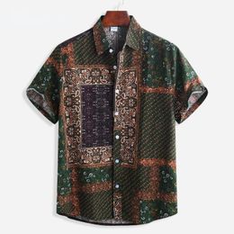 Men's Casual Shirts Breathable Hawaiian Shirt For Mens Ethnic Style Floral Print Colour Block Button Up Short Sleeve 4XL 5XLMen's