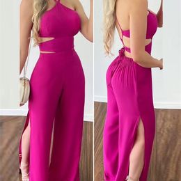 Women Solid Elegant Sexy Halter Cami Crop Top High Silt Elastic Waist Sexy Working Jumpsuit 220513