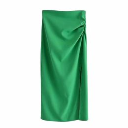 TRAF Green Long Skirts Woman High Waist Pencil Women Elegant Pleats Midi White Black Summer With Side Slit 220317