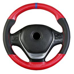 Steering Wheel Covers Carbon Fibre Leather Color-blocking Cover With Needle And Thread Woven 38CM Automotive SuppliesSteering