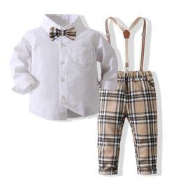 Baby Boys Gentleman Style Clothing Sets Spring Autumn Kids White Long Sleeve Shirt With Bowtie+Plaid Suspender Pants 2pcs Set Children Outfits Boy Casual Suit