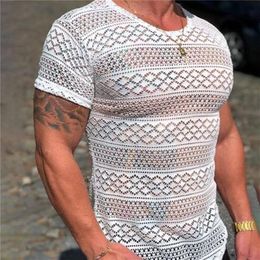 T Shirt Men Lace Hollow Out Short Sleeve Shirts Summer Mens Clothing Mens Casual Round Neck Slim Fit Tshirt Tops 220521