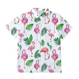 Men's Casual Shirts Men's White Button Shirt Male Flamingo Leaves Printed Beach Short Sleeve Hawaiian Oversized 6XL DropMen's