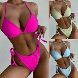 Designer Beach Thong Fashion Swimsuit Bikini Set European and American Solid Colour Large Cht Triangular Cup Split Neck Strap Backls Beach Rort Bikini Women