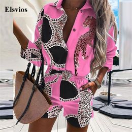 Fashion Leopard Print Women Two Piece Sets Autumn Turn-Down Collar Tops + Summer Shorts Suit Casual Button Shirts Outfits 220423
