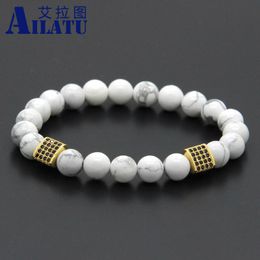 Charm Bracelets Ailatu 10pcs/lot Arrival 8mm White Howlite Marble Stone With Triangle Cubic Zirconia Mens Energy CZ Party GiftCharm