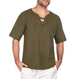 Summer Mens Shortsleeved Tshirt Cotton and Linen Tie Collar Casual Mens Tshirt Shirt 220615