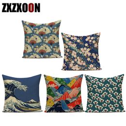 Pillow Case Japanese Style Scenic Mount and Wave Printed Throw Pillow Cushion Cover Square Decoration For Sofa Home Capa De Almofadas 45X45 220623