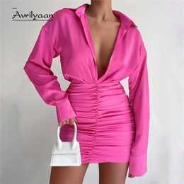 Avrilyaan Rose Pleated Shirt Sexy Dress For Women Deep V Club Party es Elegant Mini Summer Bodycon Vestidos 220613