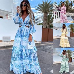 Women Tunic Beach Cover Up Summer Sexy V-Neck Backless Hollow Out Lantern Sleeve Maxi Dress Female Club Party Long Dresses 220615