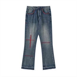 2021 Geometric Embroidery Distressed Washed Men Hip Hop Flares Jeans Pants Rough Edges Straight Casual Denim Trousers Pantn T220803