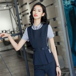 Women's Vests Summer Fashion Women Waistcoat & Vest Navy Blue Striped Ladies Office Uniform Styles OL Luci22