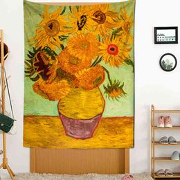 Landscape Wall Carpet Retro Sun Flower Cladding Living Room Cloth Background Bohemian Tapestry Hanging J220804