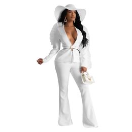 Echoine Black women suits Sheer Mesh Ruffle Sleeve costume femme Two Piece Set Office Woker Wide Leg pants Blazer Suit Set White