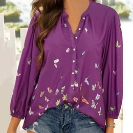 Women's Blouses & Shirts Women V Neck Fashion Shirt Loose Casual Butterfly Printed Long Sleeve Bohemian Female Streetwear Daily Spring Autum
