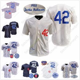 Jackie Robinson Jersey Baseball Wears Vintage 1955 Cream Fashion Hall Of Fame 50th 1st WS Patch mens women youth black grey