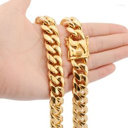 16mm Solid Gold Colour Necklace For Men Cuban-Style Chain Double Lock High Polished Stainless Steel Excellent Gloss Accessory Chains Morr22