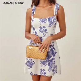 Vintage Blue Purple Flower Plaid Print Women Dress Bandage Tie Bow Strap Sleeveless Mini Dress Sexy Beach Holiday Robe 220511