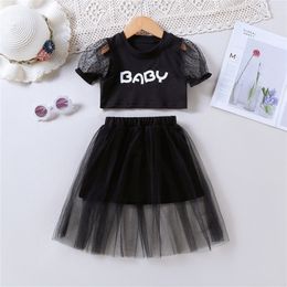 Girls Kids Casual Clothing Sets Outfits Summer Toddler Letter Print Puff Sleeve Tee Tops Mesh Skirts 2Pcs Clothes Suit 220425