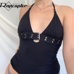 Rapcopter y2k Bandage Crop Top Black Backless Halter Top Lace Up Cute Party Beach Summer Sweats Women Retro Basic Mini Vest 220407