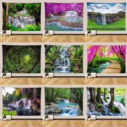 Nature Waterfall Carpet Wall Forest Wooden Bridge Aesthetic Room Decor Wall Hanging Wall Rugs Mandala Tree Landscape Art Carpet J220804