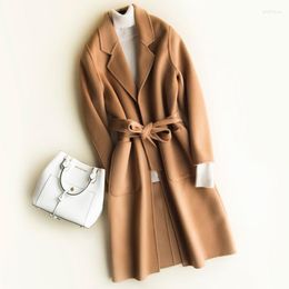 Women's Wool & Blends 2022 Autumn Winter Women Woollen Coat Turn Down Collar Double-faced Cashmere Long With Belt Casaco Feminino C-15 Phyl22