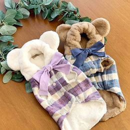 Winter Pet Dog Clothes Thick Plush Warm Cute Bear Hat Hoodie Clothes For Dog Plaid Bowknot For Small Medium Dogs Chihuahua pug 201102