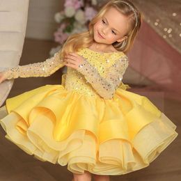 Cute Flower Girls Dresses For Weddings Illusion Long Sleeves Lace Appliques Sequined Tutu Short Ruffles Tiered Birthday Children Girl Pageant Gowns With Bow 403