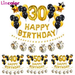 37pcs Gold Black Number 16 18 21 25 30 40 50 60 Years Old Balloons Happy Birthday Party Decoration Man Woman 30th 40th 50th 60th 220321