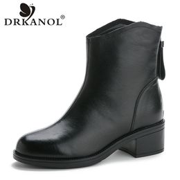 DRKANOL New Autumn Winter Thick Heel Ankle Boots Women Genuine Leather Back Zipper Warm Shoes Boots Nonslip Women Boots H8293 201102