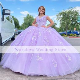 Lilac Quinceanera Prom Dresses 2022 Off Shoulder Applique Lace Ball Gown Party Sweet 15 16 Party Dress Anos