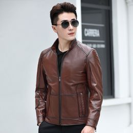 Genuine Leather Jacket Cowhide Jacket Slim Fit Stand Collar Motorcycle Bikers Jackets Man Clothing Outerwear Tops Windbreakers Waterproof 2022 Brown Black