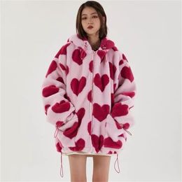 Heart Print Jacket Women for Valentine's Day Winter Zipper Hooded Flannel Parka Harajuku Lambswool Sherpa Streetwear Couple Coat 210804