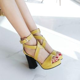 Sandals Biggest Size 33-50 Women Black White Yellow Gladiator Chunky High Heels Summer Shoe Woman Goth Ankle Buckle Strap Sandal