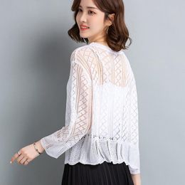 Women's Knits & Tees Women Hollow Out Cardigan 2022 Summer V-Neck Knit Outwear Ladies Single Breasted Knitwear See Through Knitting ShirtsWo
