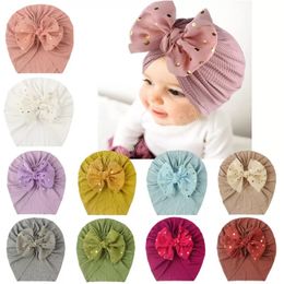 Newborn Indian Caps Bowknot Gold Blocking Hat Baby Solid Striped Turban Girls Soft Cap Cotton Knotted Head Wraps Kids Bonnet Beanie Hair Accessories