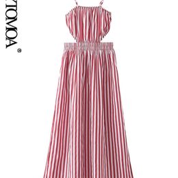 Women Fashion Hollow Out Side Slit Striped Midi Dress Vintage Backless Thin Straps Female Dresses Vestidos Mujer 220526
