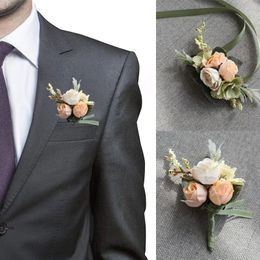 Bridesmaid Wrist Corsage Silk Flower Wedding Men Boutonniere Girl Bracelet Groom Flower Pins CL0510