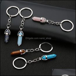 Key Rings Jewellery Natural Stone Ring Healing Hexagonal Pointed Reiki Chakra Gem Crystal Pendant Keychain For Women Girls Drop Delivery 2021