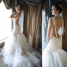 Gorgeous Mermaid Wedding Dresses Backless Bridal Gown Crystals Beading Lace Applique Boho Tulle Sweep Train Custom Made Plus Size Vestido De Novia 401 401