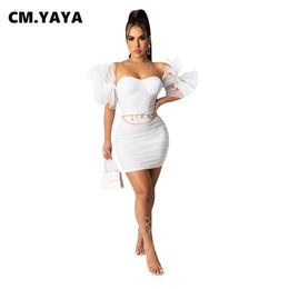 CM.YAYA Women Mini Dress Solid Mesh Short Sleeve Strapless Sheath Elastic Above Knee Length Dresses Sexy Night Cute Vestidos 220516