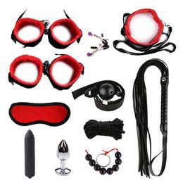 Nxy Sm Bondage Handcuffs Sex Toy Products Sm Plush Set Bed Training Goods for Adult Nipple Clamps Mouth Gag Whip Toys Couples 220426