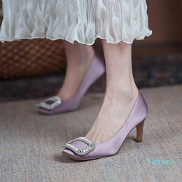 Sandals Women Pumps Party Dress Shoes 7CM High Heel With Crystals Buckle Satin Cosy On Pointed Toe Purple Pump Shoes
