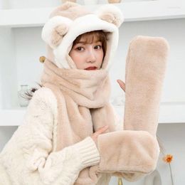 Beanie/Skull Caps Fur Hat Woman Cute Bear Ear Scarf Gloves Set Winter Warm Thicken Novelty Casual Girls Women Beanies Scarves Davi22